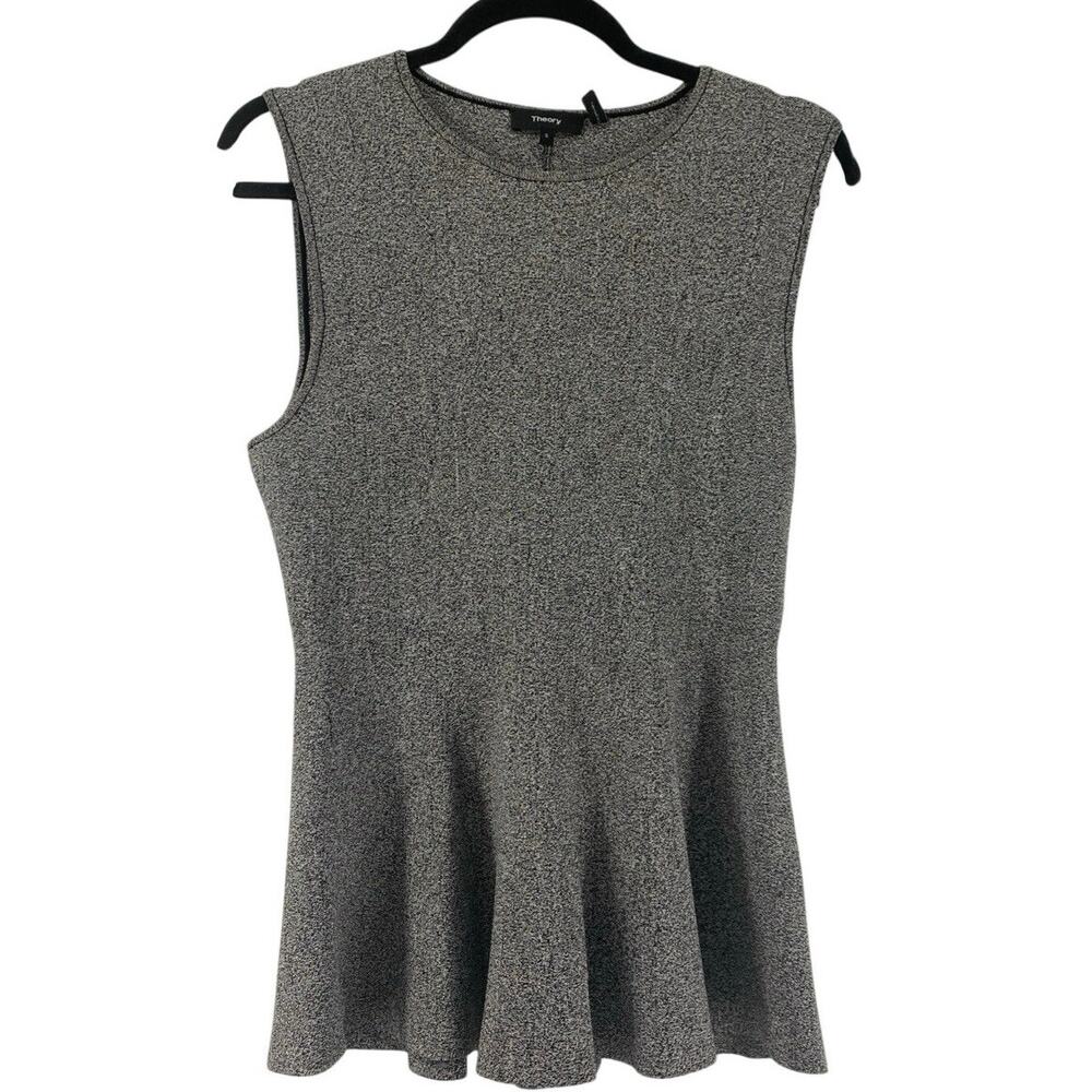 Theory Classic Preplum Glossed Black White Textured Sleeveless Knit Top Small